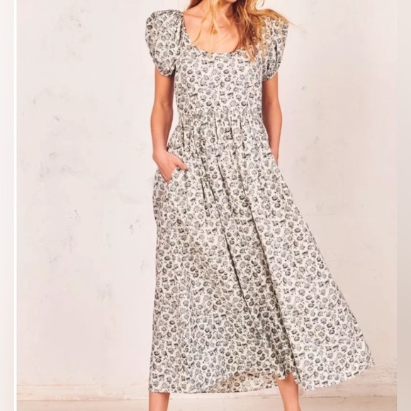 Love Shack Fancy Dress Lais Prairie Cottage Puff Sleeve Ditsy Floral White Black